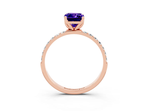 Rose gold Emerald Cut Tanzanite Solitaire Engagement Ring with Round  Pavé Band and Prong Setting