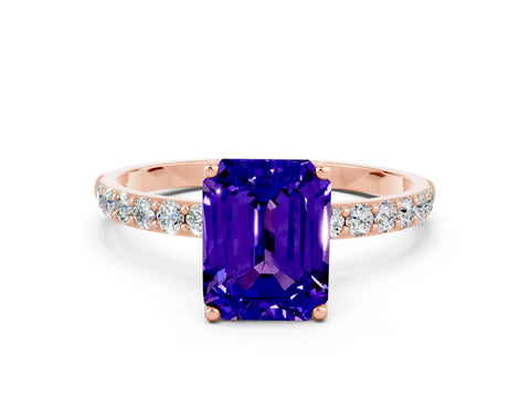 Rose gold Emerald Cut Tanzanite Solitaire Engagement Ring with Pavé Band and Prong Setting