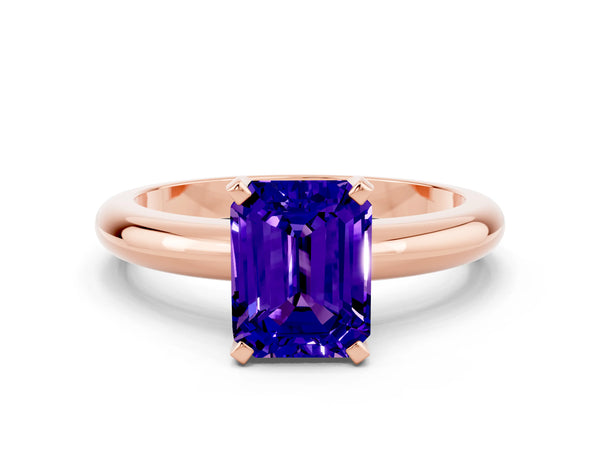 Rose gold Emerald Cut Tanzanite Solitaire Engagement Ring with Round Band and Four-Prong Setting