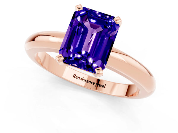 Rose gold Emerald Cut Tanzanite Solitaire Engagement Ring with Round Band and Four-Prong Setting