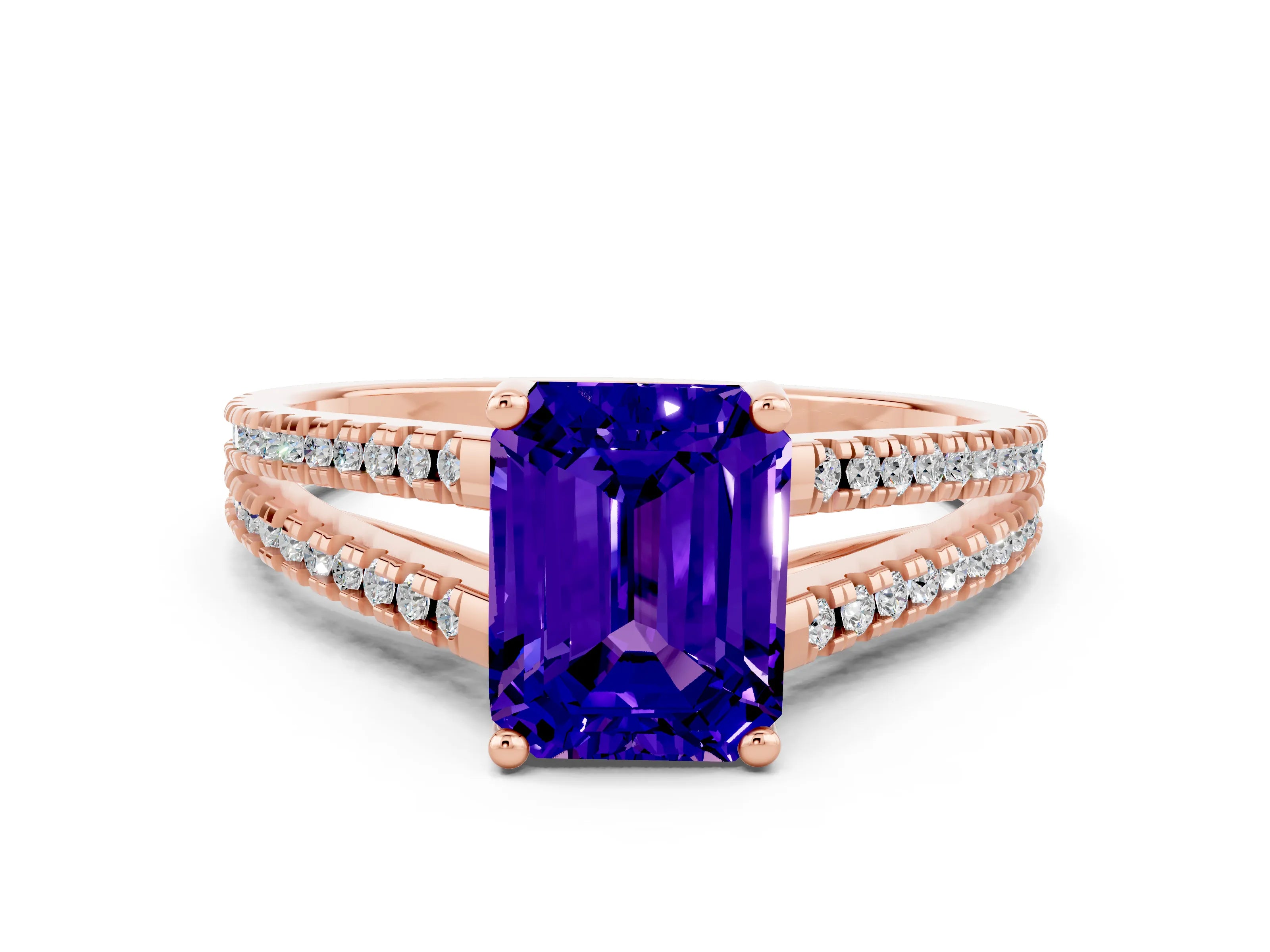 Rose gold Emerald Cut Tanzanite Solitaire Engagement Ring with Split Shank Pavé Band