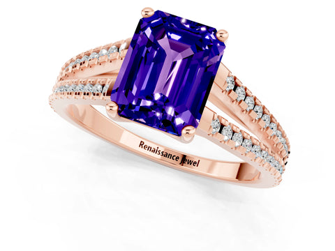 Rose gold Emerald Cut Tanzanite Solitaire Engagement Ring with Split Shank Pavé Band_1