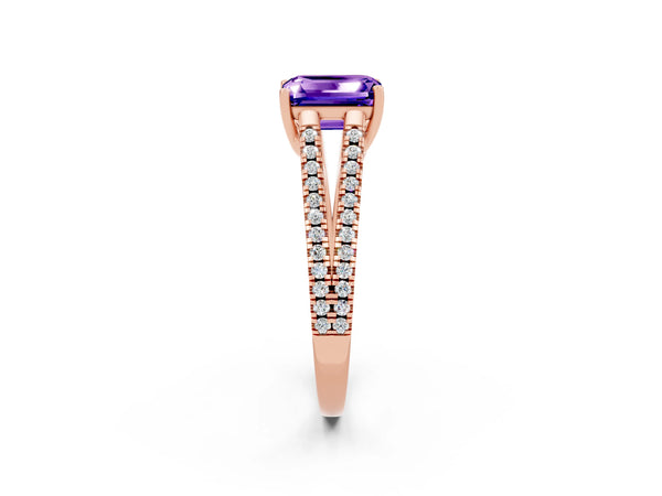 Rose gold Emerald Cut Tanzanite Solitaire Engagement Ring with Split Shank Pavé Band