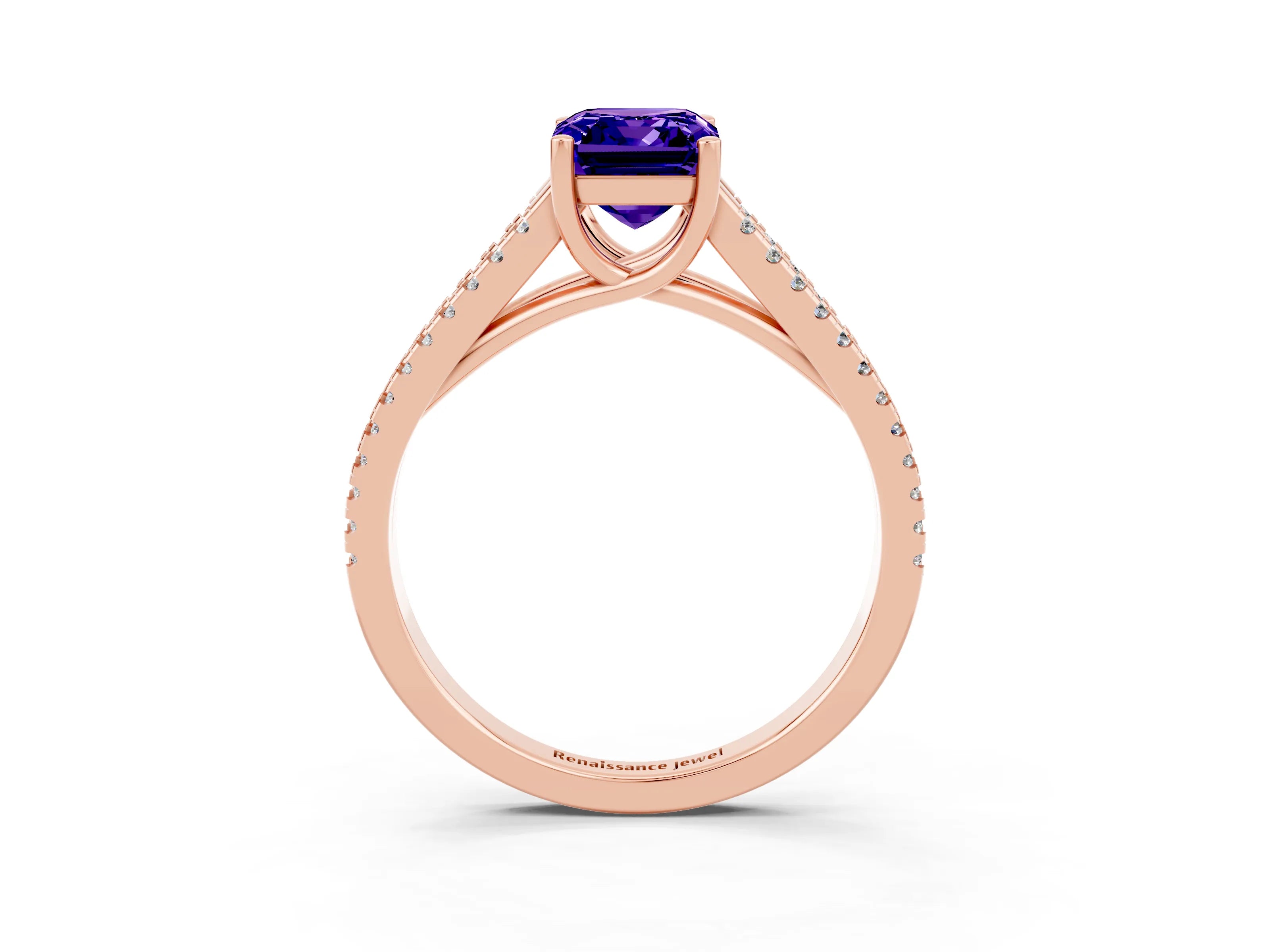 Rose gold Emerald Cut Tanzanite Solitaire Engagement Ring with Split Shank Pavé Band_3