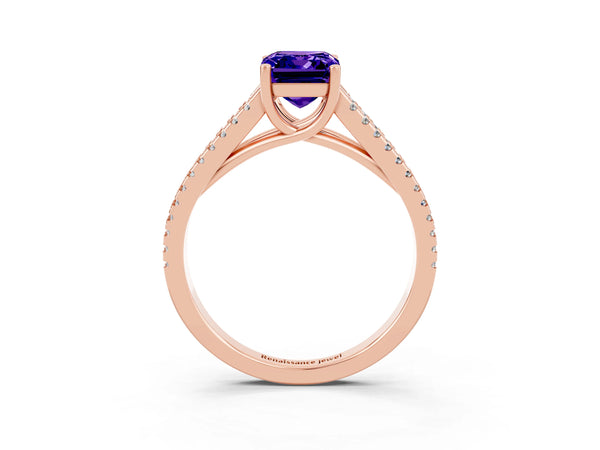 Rose gold Emerald Cut Tanzanite Solitaire Engagement Ring with Split Shank Pavé Band