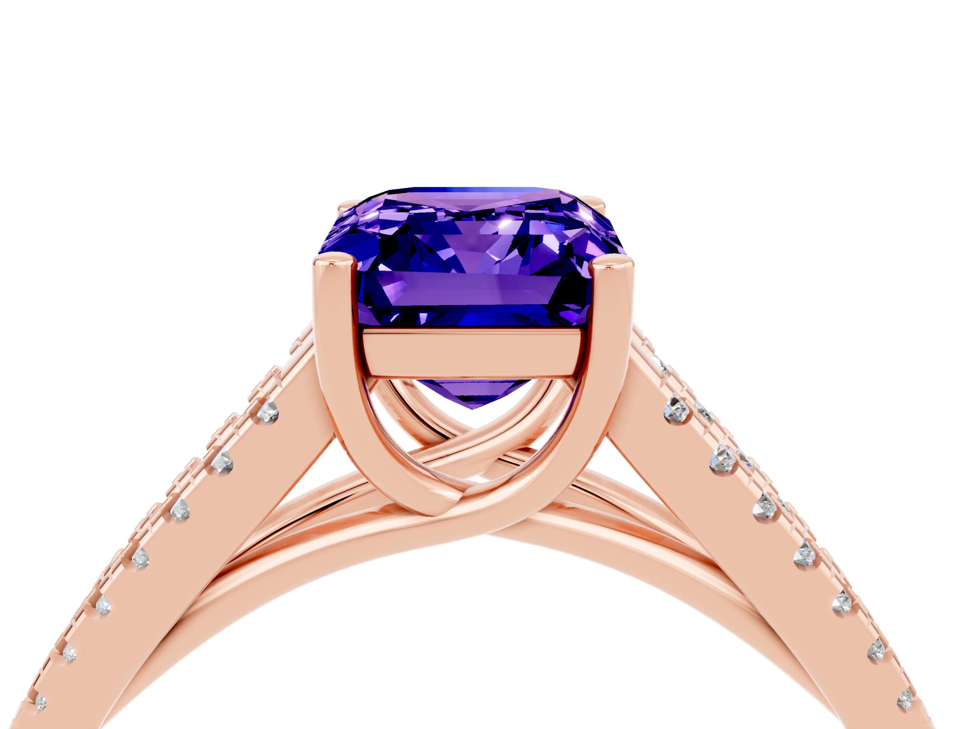 Rose gold Emerald Cut Tanzanite Solitaire Engagement Ring with Split Shank Pavé Band_4