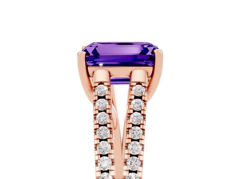Rose gold Emerald Cut Tanzanite Solitaire Engagement Ring with Split Shank Pavé Band_5