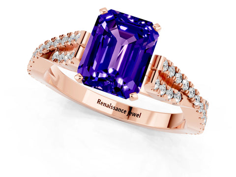 Rose gold Emerald Cut Tanzanite Solitaire Engagement Ring with Twisted Pavé Band and Four-Prong Setting_1