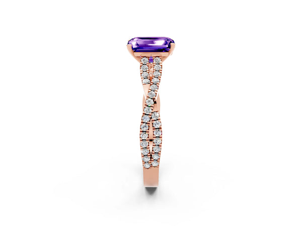 Rose gold Emerald Cut Tanzanite Solitaire Engagement Ring with Twisted Pavé Band and Four-Prong Setting