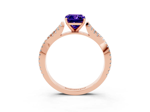 Rose gold Emerald Cut Tanzanite Solitaire Engagement Ring with Twisted Pavé Band and Four-Prong Setting
