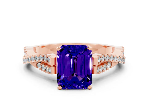 Rose gold Emerald Cut Tanzanite Solitaire Engagement Ring with Twisted Pavé Band and Four-Prong Setting