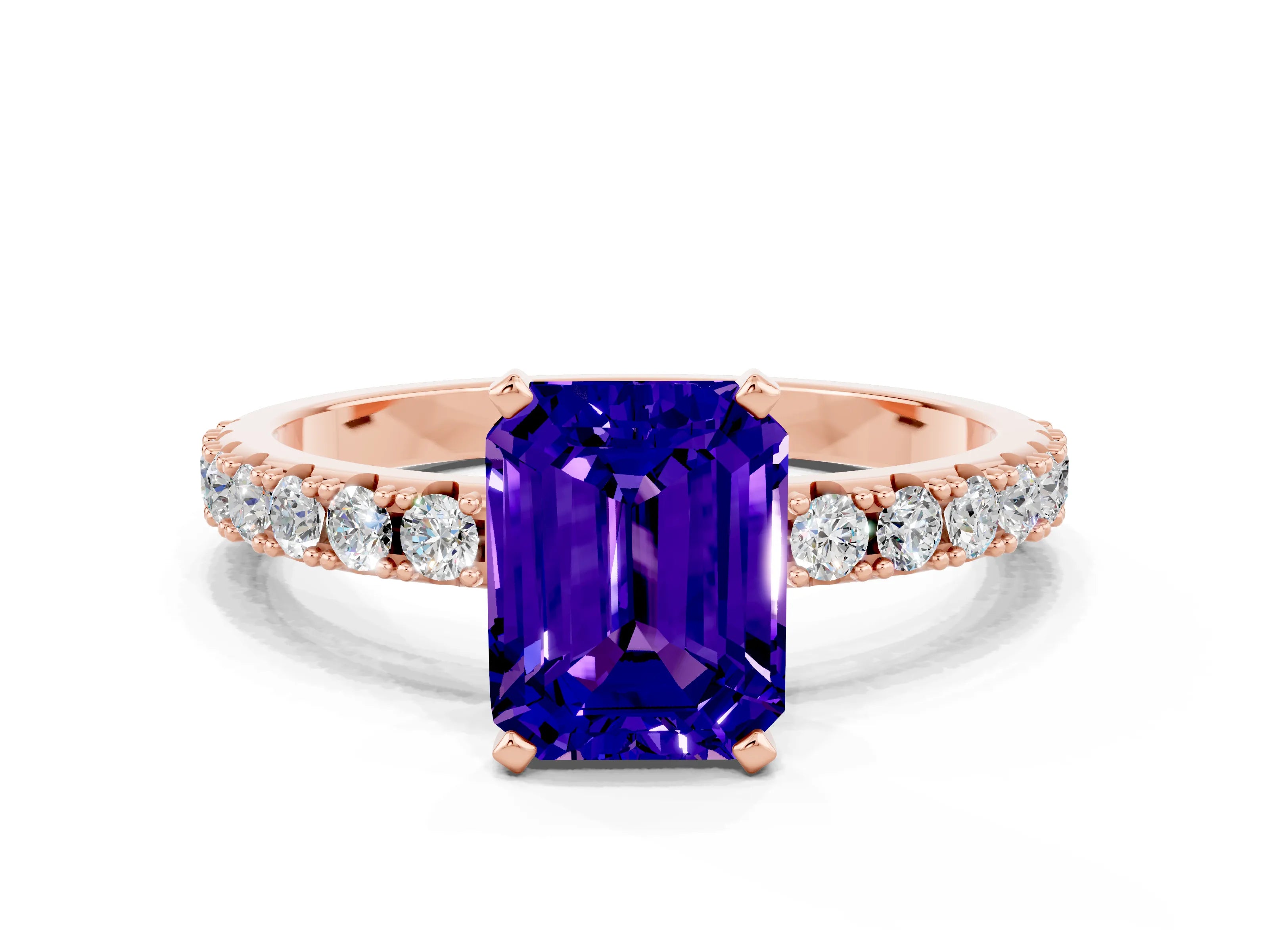 Rose gold Emerald Cut Tanzanite Solitaire Pavé Band with Four-Prong Setting