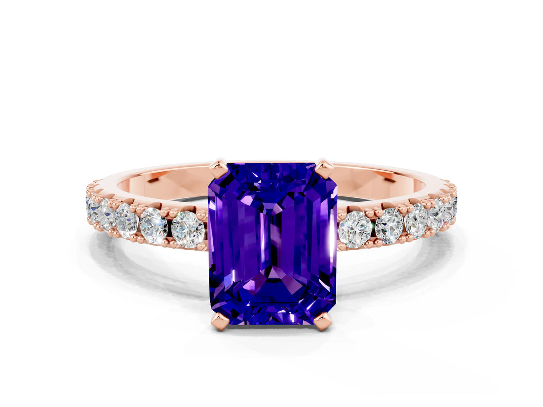 Rose gold Emerald Cut Tanzanite Solitaire Pavé Band with Four-Prong Setting