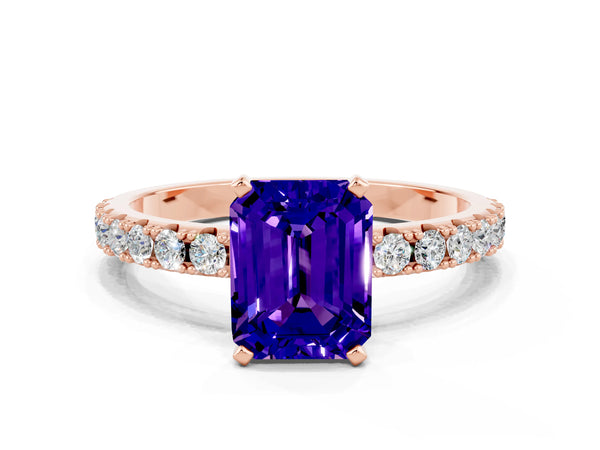 Rose gold Emerald Cut Tanzanite Solitaire Pavé Band with Four-Prong Setting