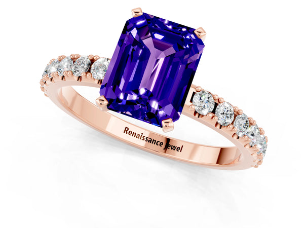 Rose gold Emerald Cut Tanzanite Solitaire Pavé Band with Four-Prong Setting