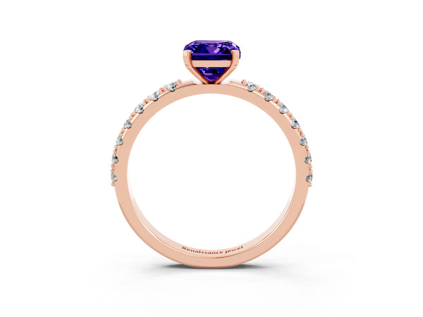 Rose gold Emerald Cut Tanzanite Solitaire Pavé Band with Four-Prong Setting