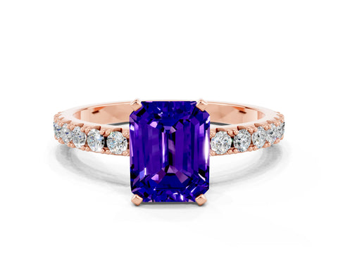 Rose gold Emerald Cut Tanzanite Solitaire Pavé Band with Four-Prong Setting