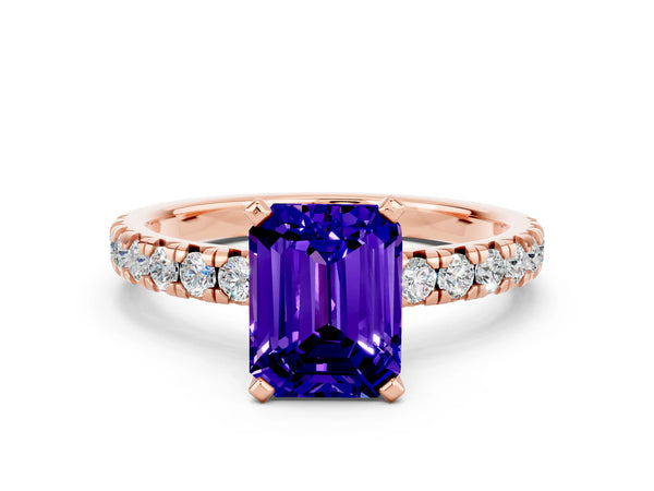 Rose gold Emerald Cut Tanzanite Solitaire Pavé Engagement Ring with Round Band and Prong Setting