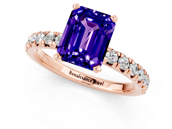 Rose gold Emerald Cut Tanzanite Solitaire Pavé Engagement Ring with Round Band and Prong Setting