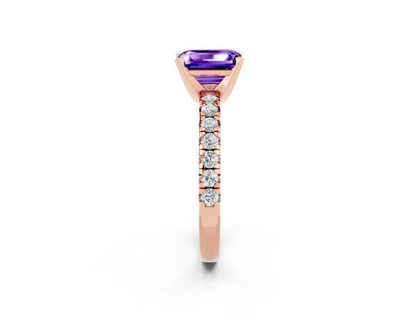 Rose gold Emerald Cut Tanzanite Solitaire Pavé Engagement Ring with Round Band and Prong Setting