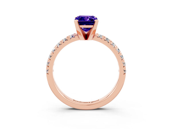 Rose gold Emerald Cut Tanzanite Solitaire Pavé Engagement Ring with Round Band and Prong Setting