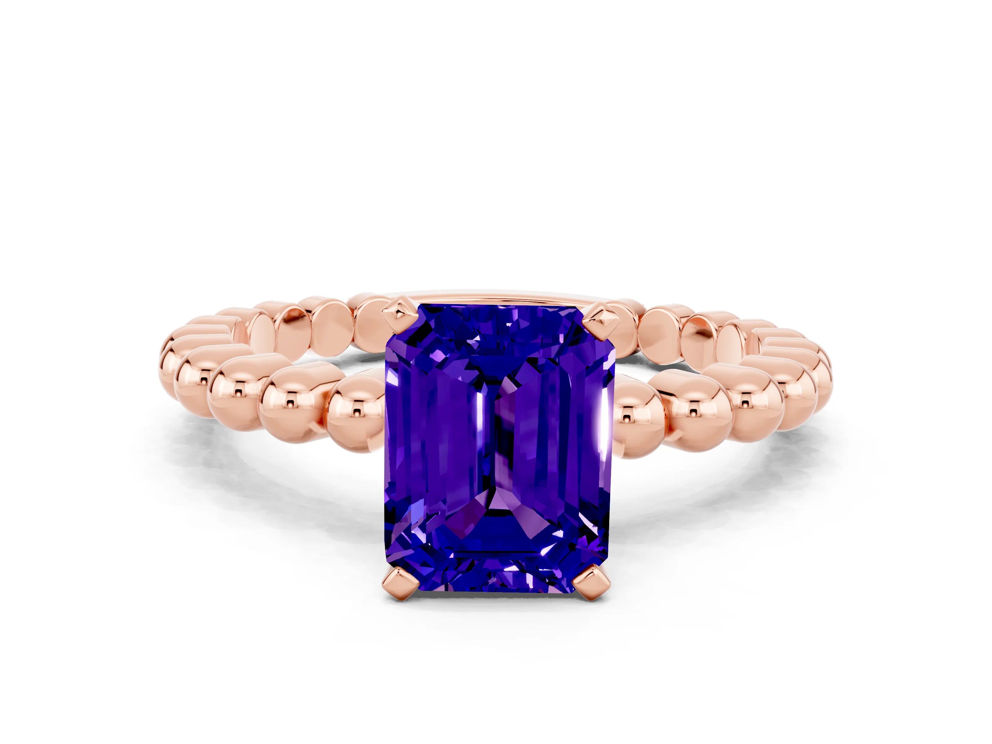 Rose gold Emerald Cut Tanzanite Solitaire Ring with Beaded Band and Prong Setting