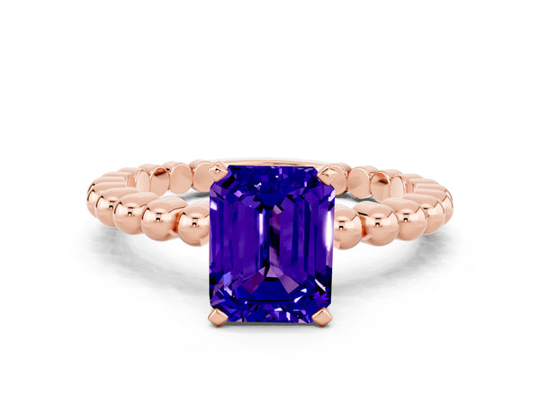 Rose gold Emerald Cut Tanzanite Solitaire Ring with Beaded Band and Prong Setting