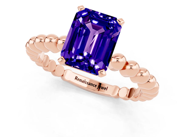 Rose gold Emerald Cut Tanzanite Solitaire Ring with Beaded Band and Prong Setting