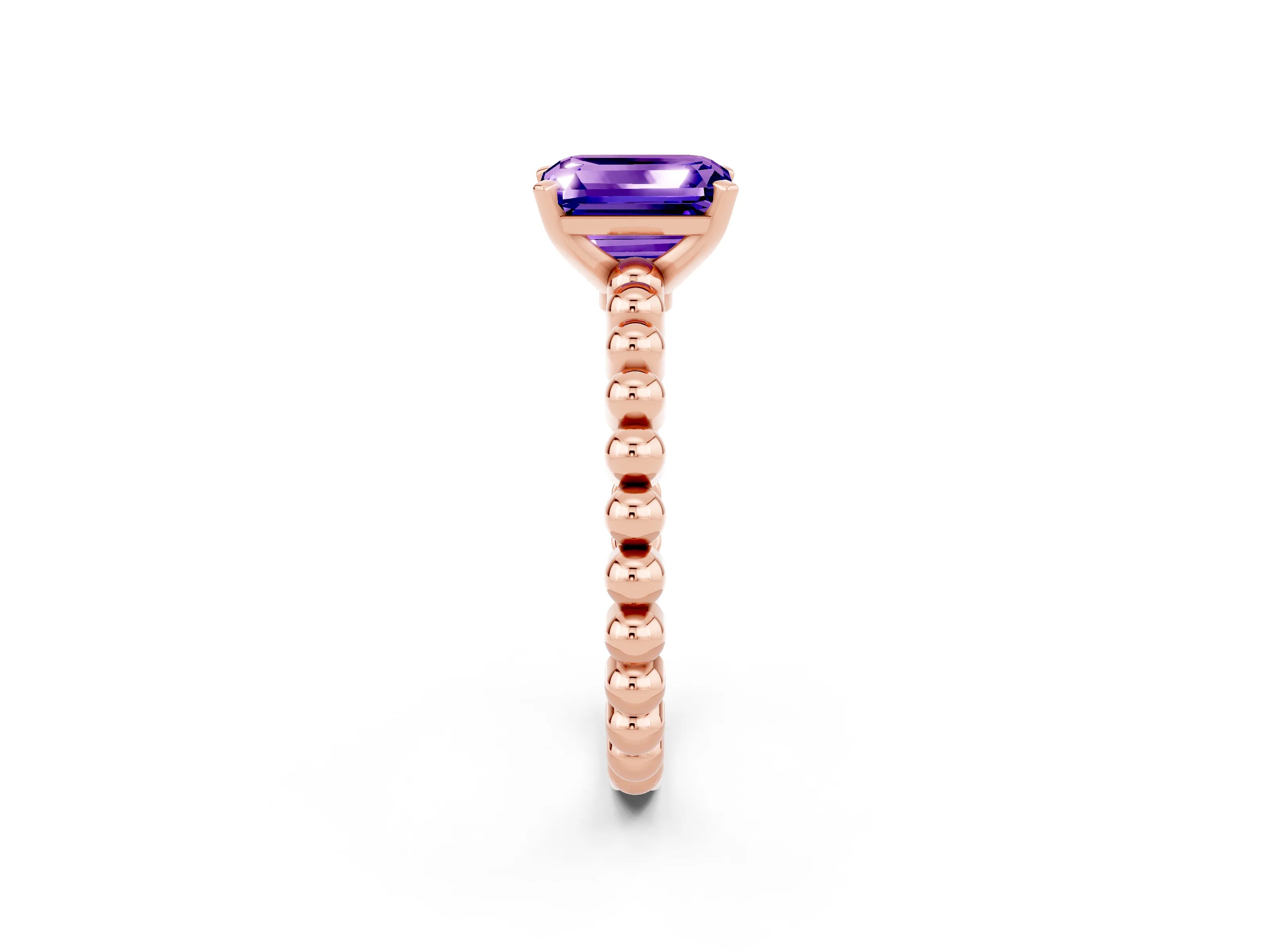 Rose gold Emerald Cut Tanzanite Solitaire Ring with Beaded Band and Prong Setting_2