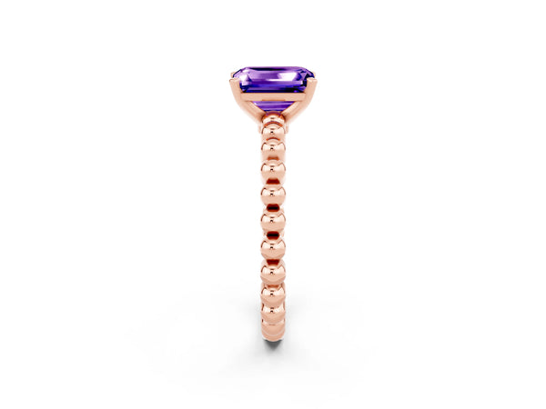 Rose gold Emerald Cut Tanzanite Solitaire Ring with Beaded Band and Prong Setting