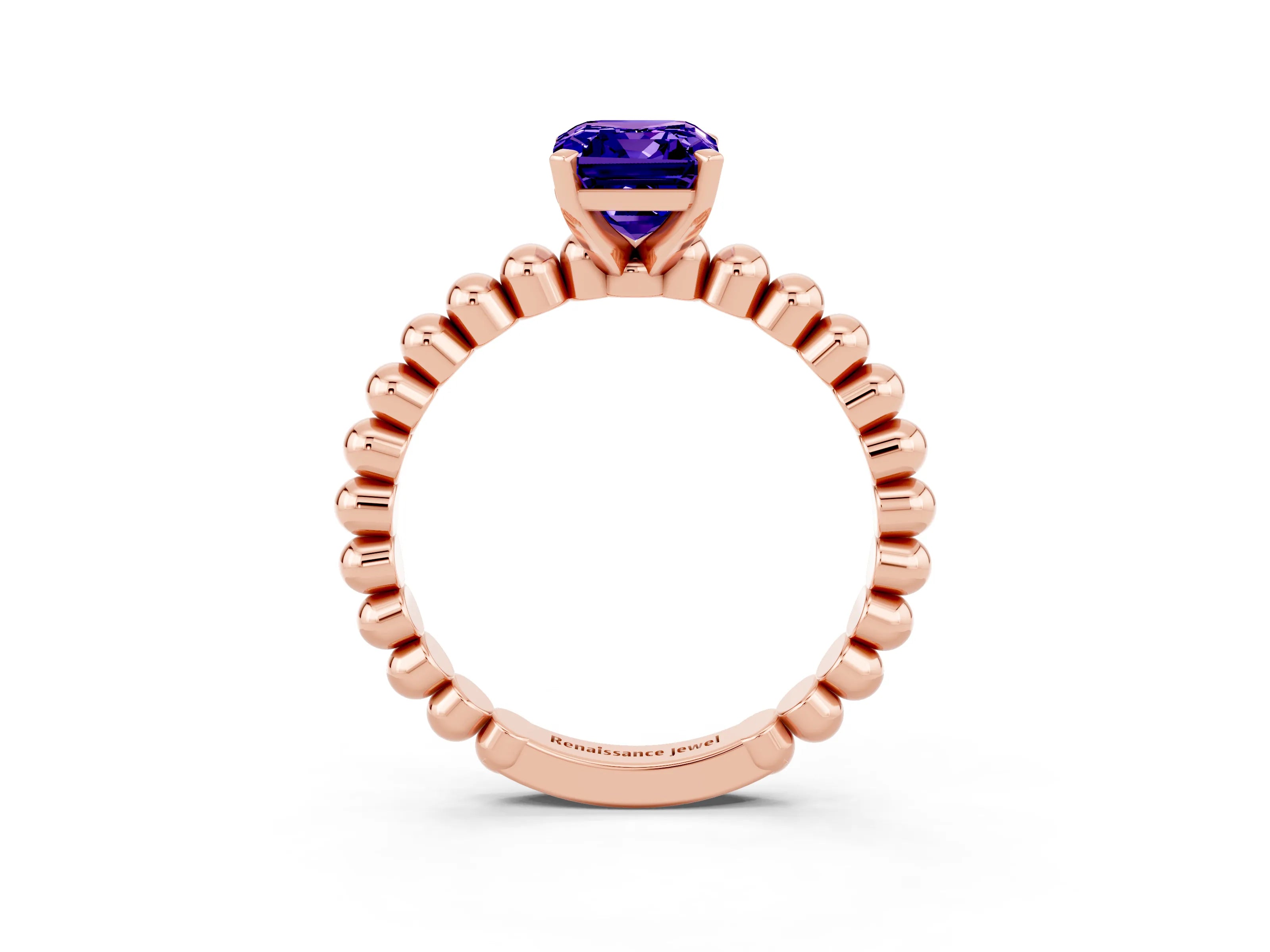 Rose gold Emerald Cut Tanzanite Solitaire Ring with Beaded Band and Prong Setting_3