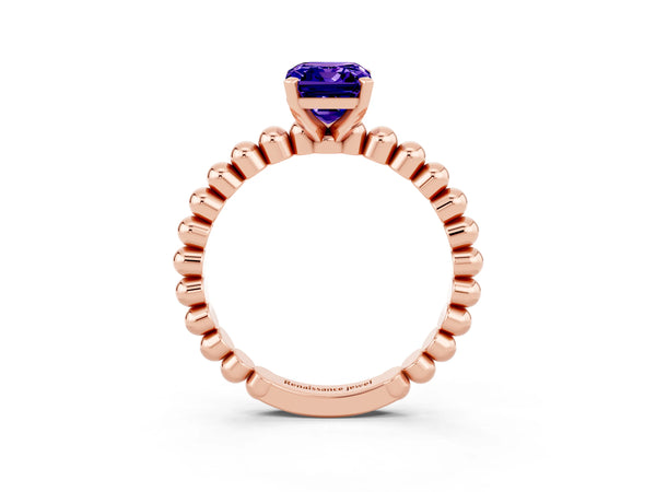 Rose gold Emerald Cut Tanzanite Solitaire Ring with Beaded Band and Prong Setting