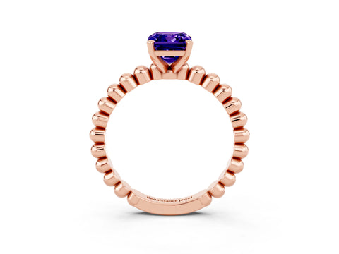Rose gold Emerald Cut Tanzanite Solitaire Ring with Beaded Band and Prong Setting_3