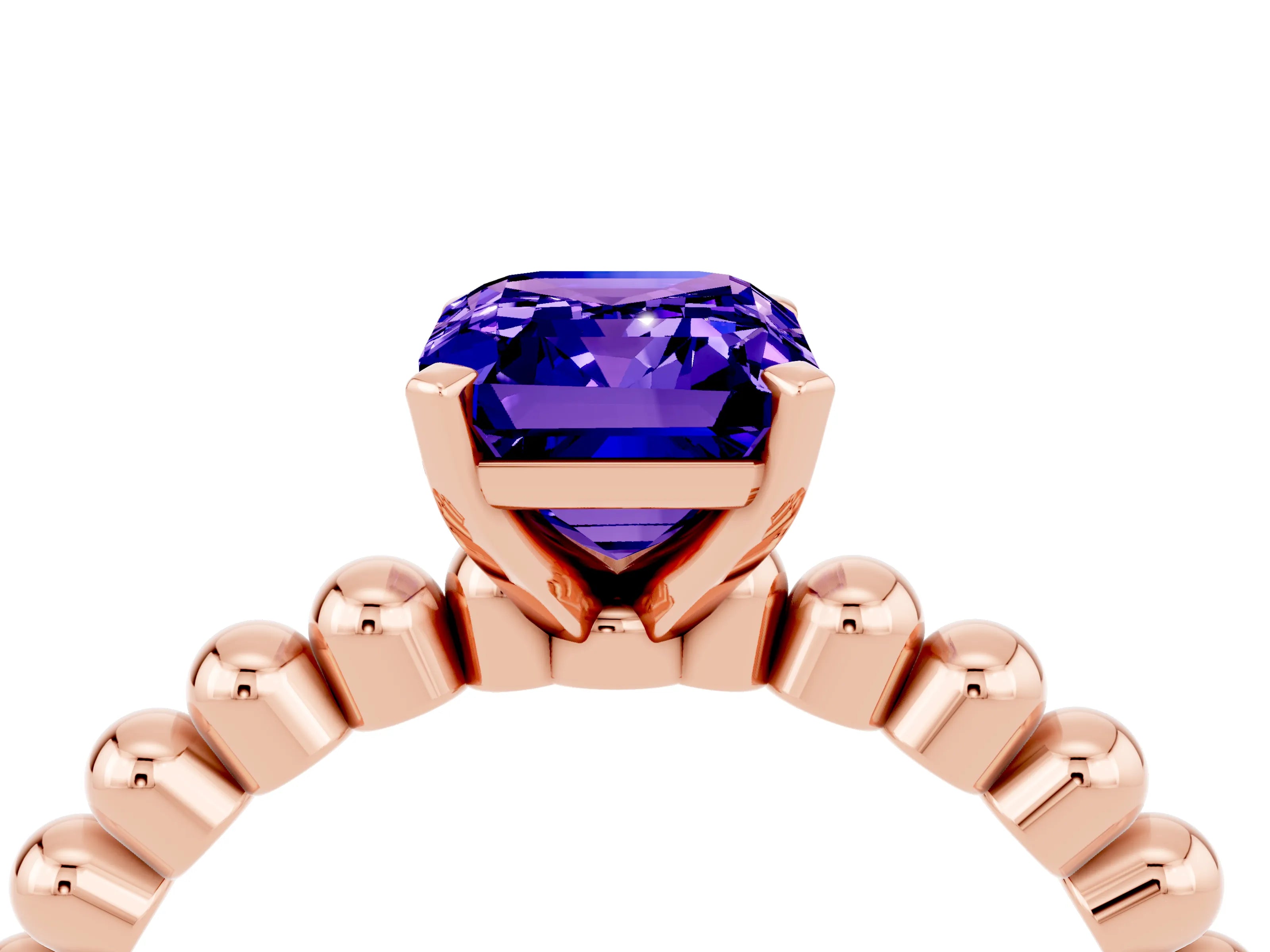 Rose gold Emerald Cut Tanzanite Solitaire Ring with Beaded Band and Prong Setting_4