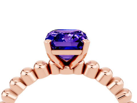 Rose gold Emerald Cut Tanzanite Solitaire Ring with Beaded Band and Prong Setting_4