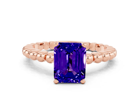 Rose gold Emerald Cut Tanzanite Solitaire Ring with Beaded Band and Prong Setting