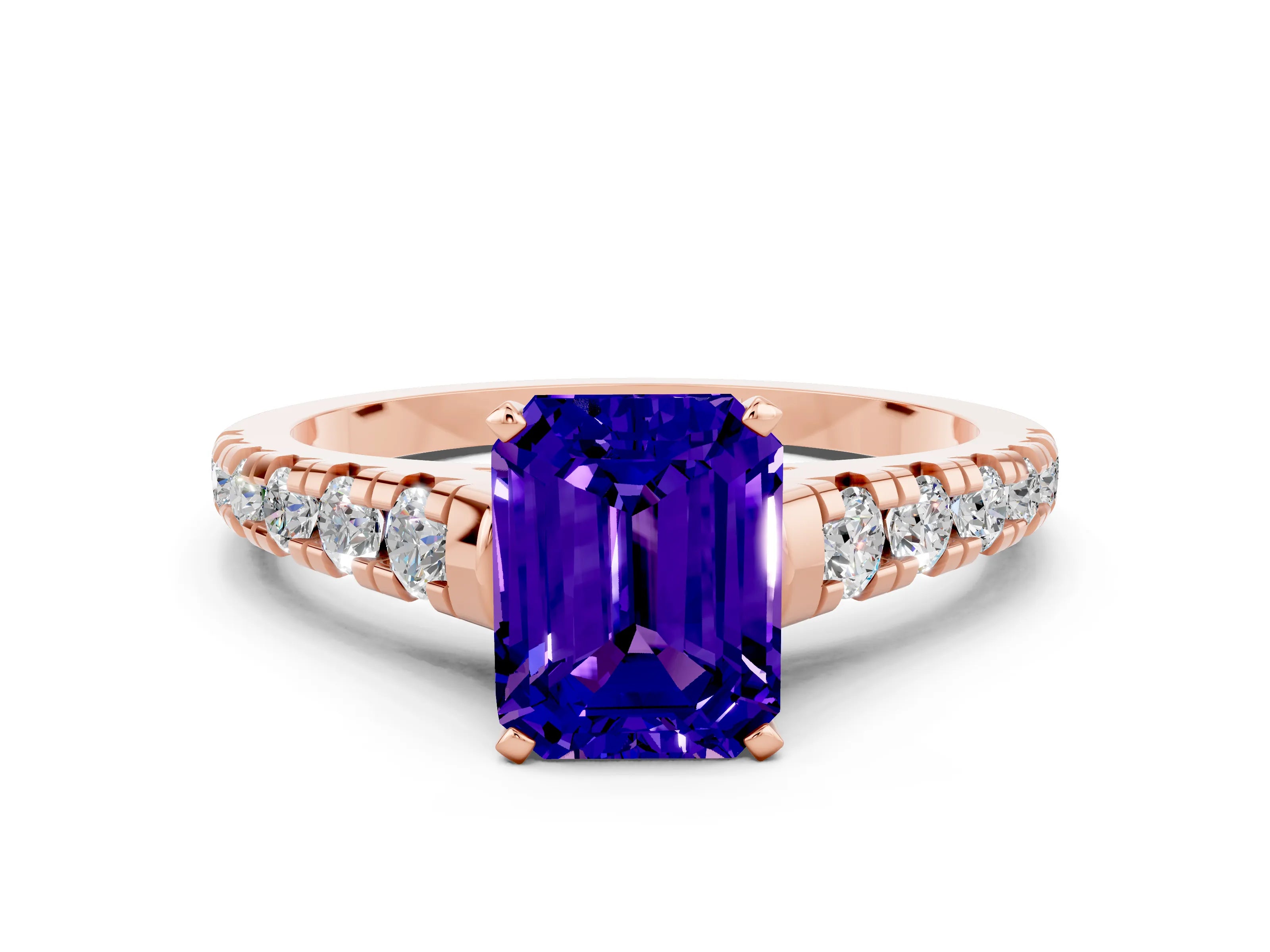 Rose gold Emerald Cut Tanzanite Solitaire Ring with Cathedral Setting and Pavé Band