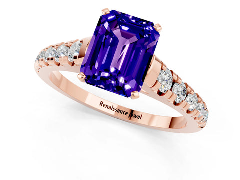Rose gold Emerald Cut Tanzanite Solitaire Ring with Cathedral Setting and Pavé Band_1