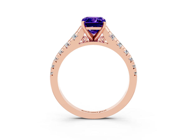 Rose gold Emerald Cut Tanzanite Cathedral Solitaire Ring with Round  Pavé Band