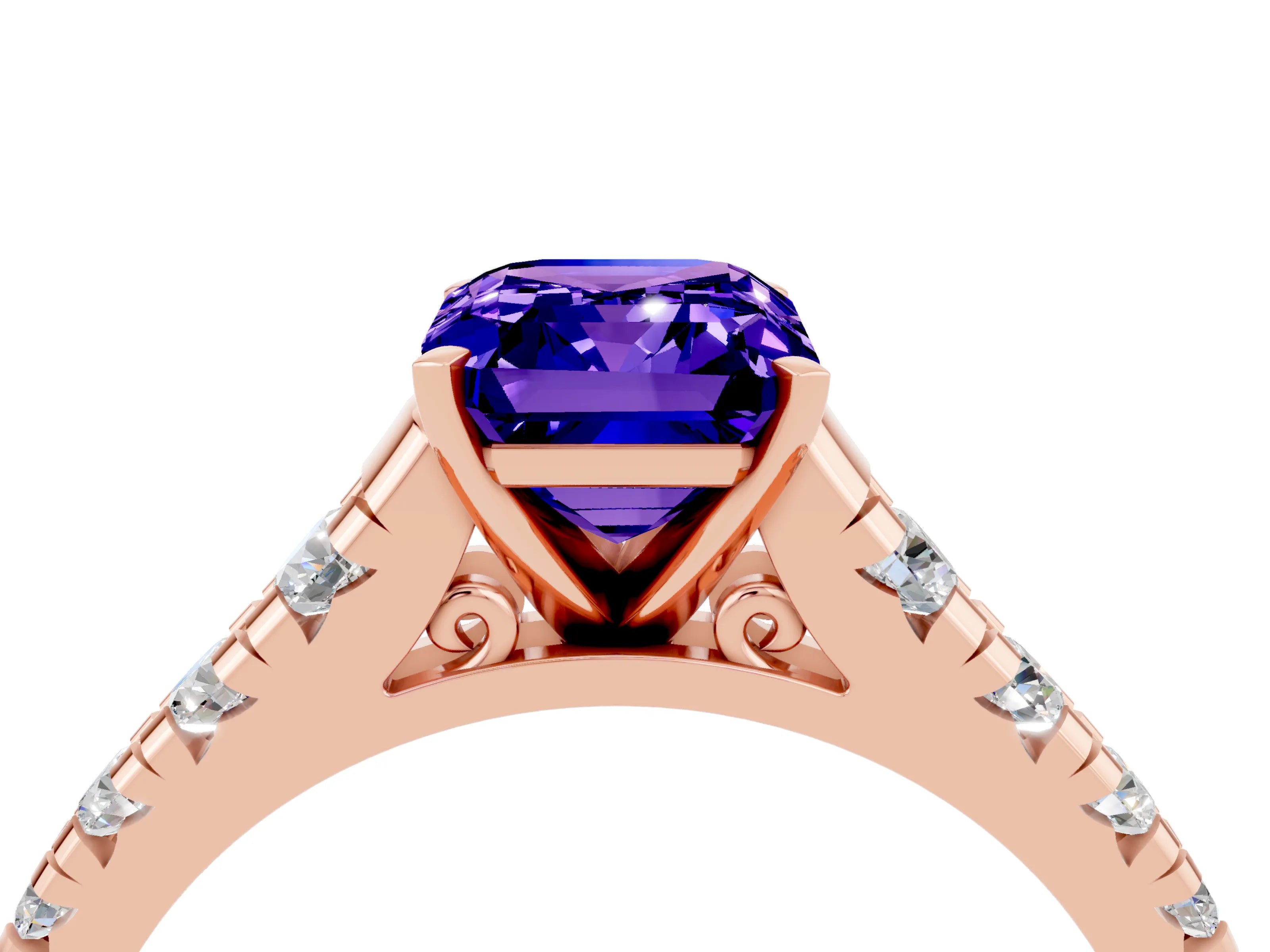 Rose gold Emerald Cut Tanzanite Solitaire Ring with Cathedral Setting and Pavé Band_4