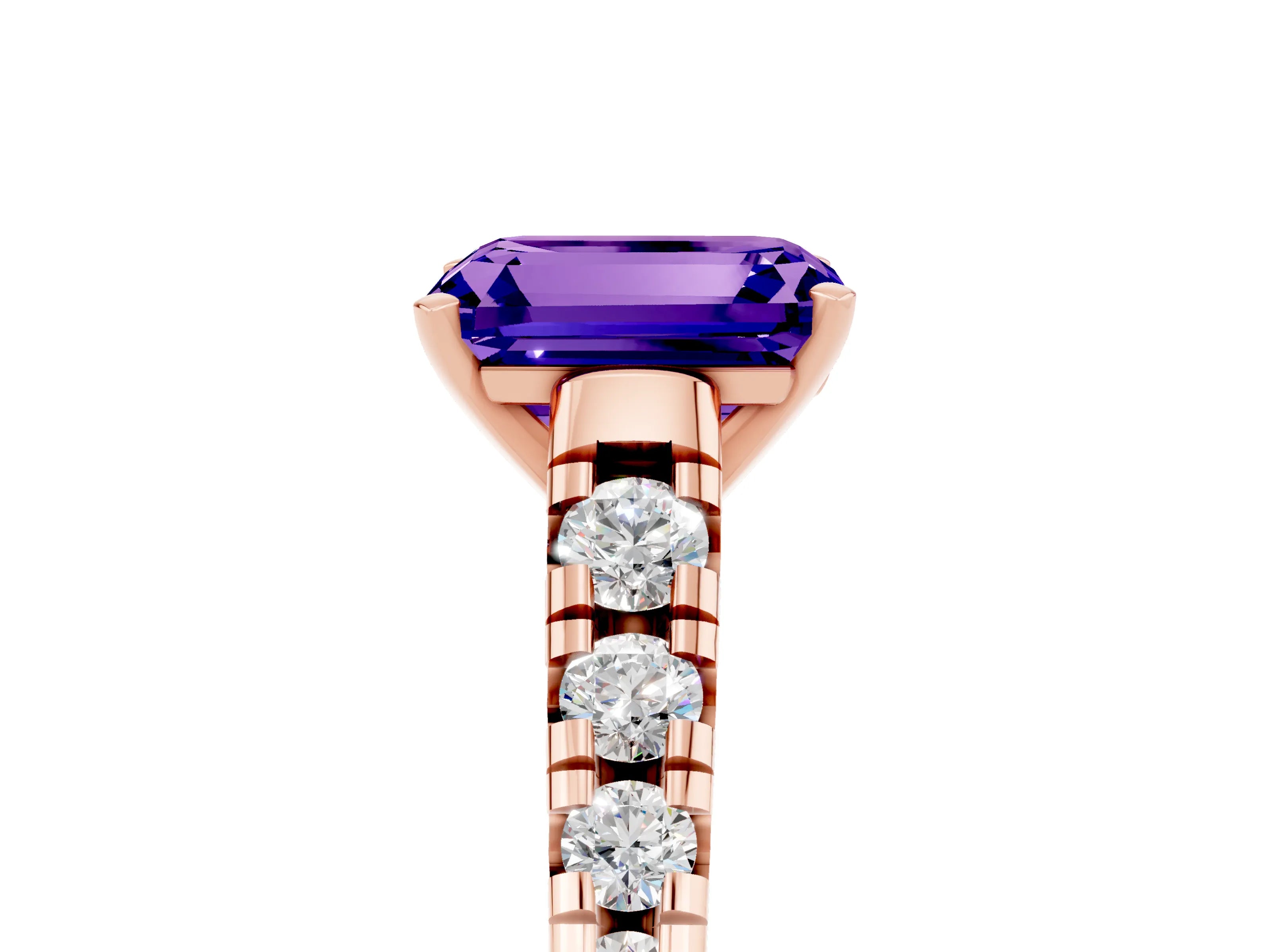 Rose gold Emerald Cut Tanzanite Solitaire Ring with Cathedral Setting and Pavé Band_5