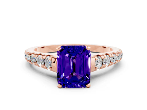 Rose gold Emerald Cut Tanzanite Solitaire Ring with Cathedral Setting and Pavé Band