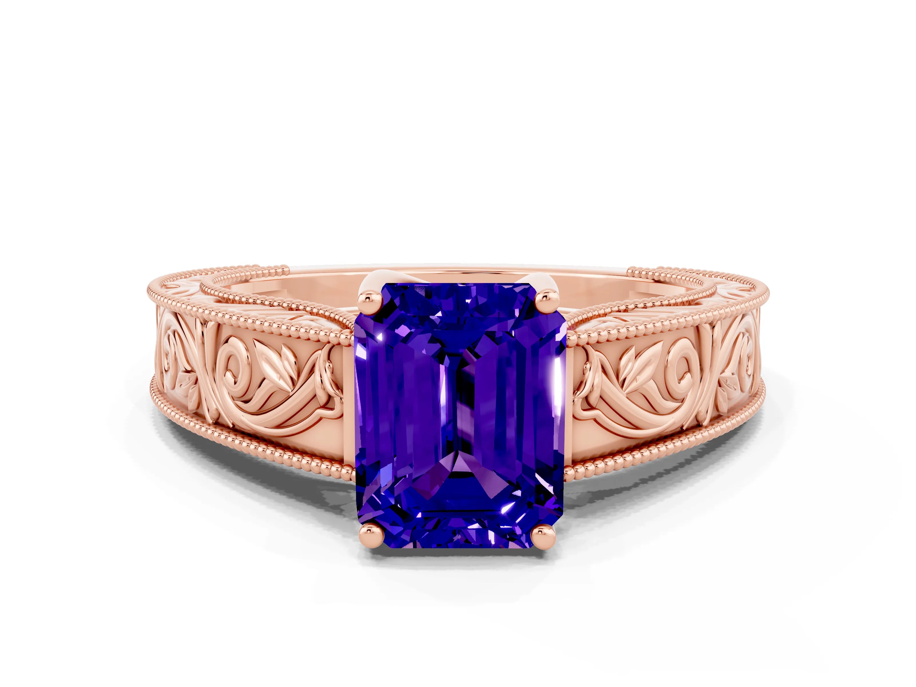 Rose gold Emerald Cut Tanzanite Solitaire Ring with Engraved Band and Four-Prong Setting