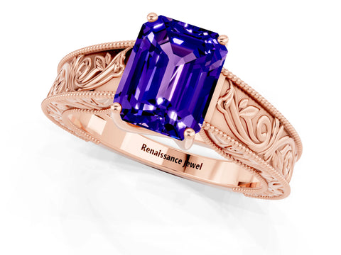 Rose gold Emerald Cut Tanzanite Solitaire Ring with Engraved Band and Four-Prong Setting_1