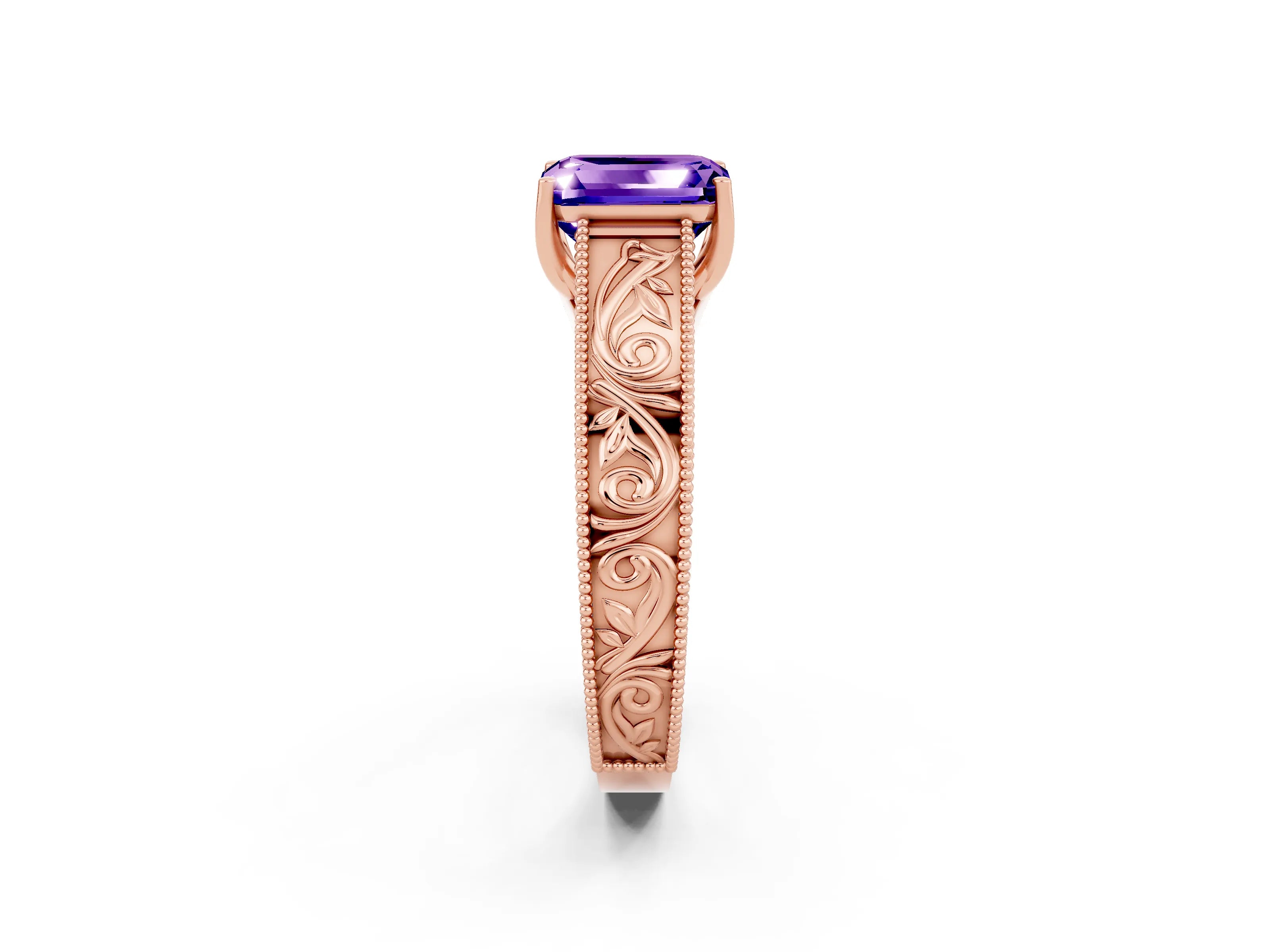 Rose gold Emerald Cut Tanzanite Solitaire Ring with Engraved Band and Four-Prong Setting_2