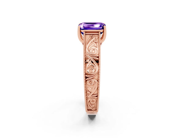 Rose gold Emerald Cut Tanzanite Solitaire Ring with Engraved Band and Four-Prong Setting