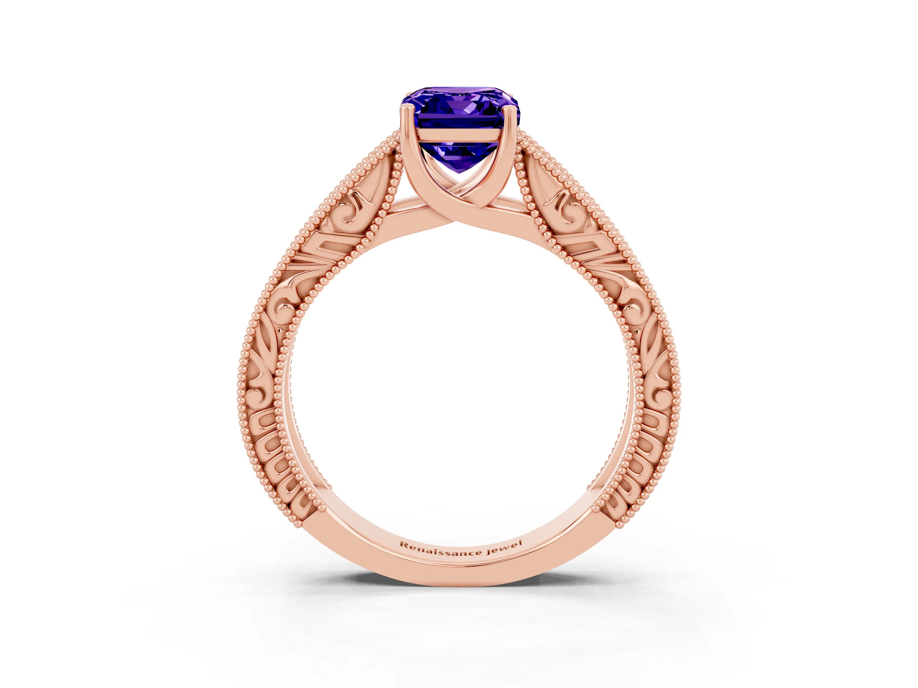 Rose gold Emerald Cut Tanzanite Solitaire Ring with Engraved Band and Four-Prong Setting_3