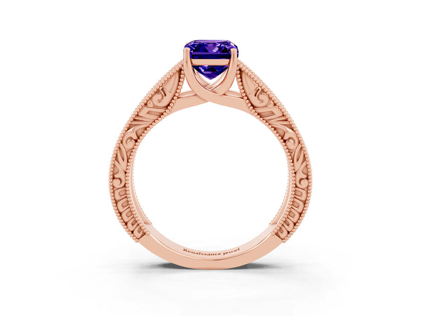 Rose gold Emerald Cut Tanzanite Solitaire Ring with Engraved Band and Four-Prong Setting