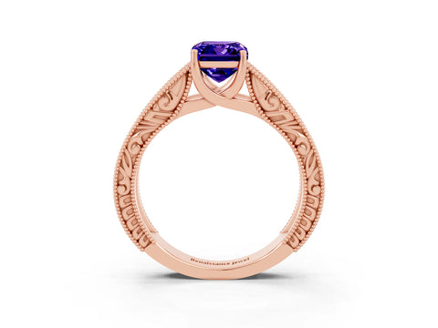 Rose gold Emerald Cut Tanzanite Solitaire Ring with Engraved Band and Four-Prong Setting_3