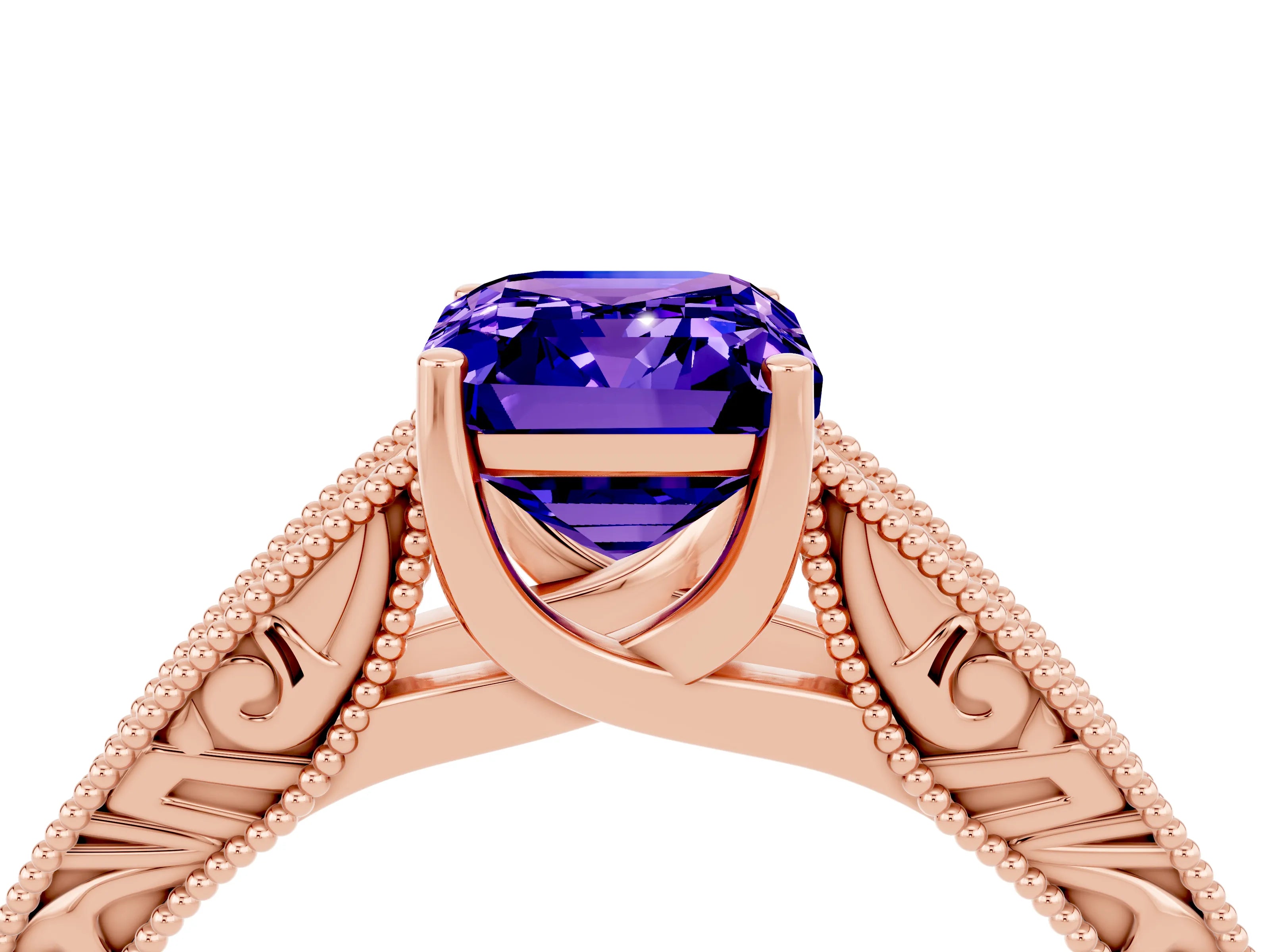 Rose gold Emerald Cut Tanzanite Solitaire Ring with Engraved Band and Four-Prong Setting_4